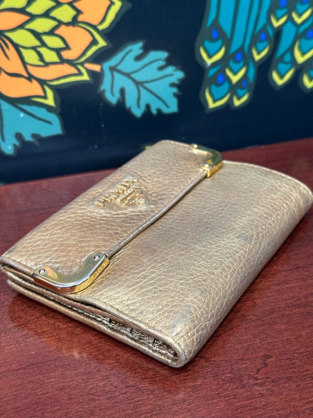 Prada Metallic Gold Leather Wallet Fold Over Long Wallet Milano Italy - Picture 8 of 14